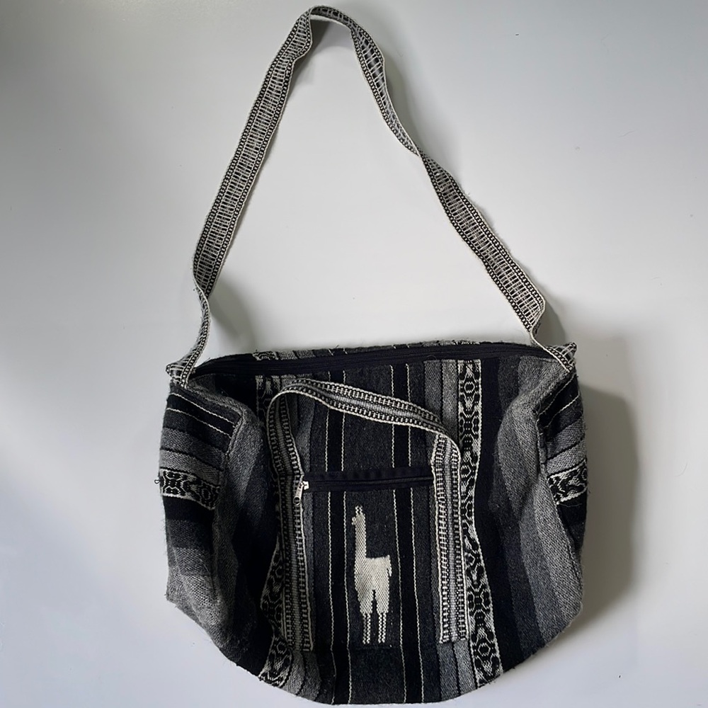 Cost Plus World Market Black and Gray Striped Shoulder Bag